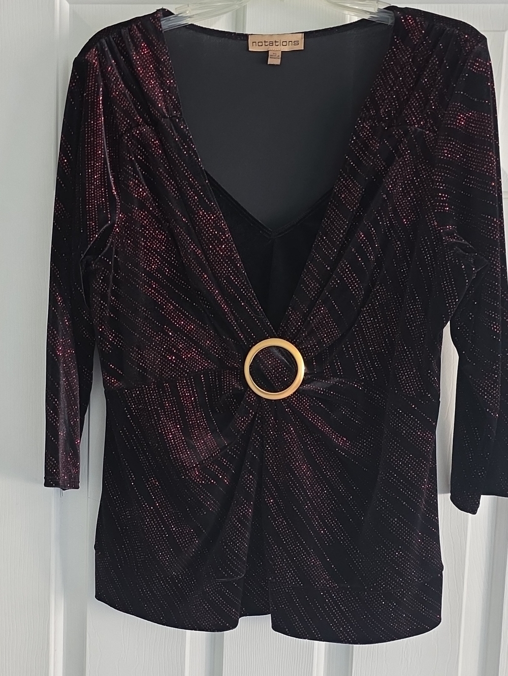 Notations Black Velvet Blouse with Gold Ring and Pink Sparkle